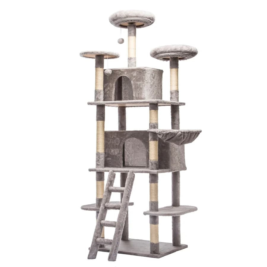 Grande Albero per Gatti da 180 cm con 2 Cucce Private, 3 Posti Sdraio e Amaca Sospesa, Peluche Corto Delicato sulla Pelle e Senza Bordi Affilati, Sisal Naturale