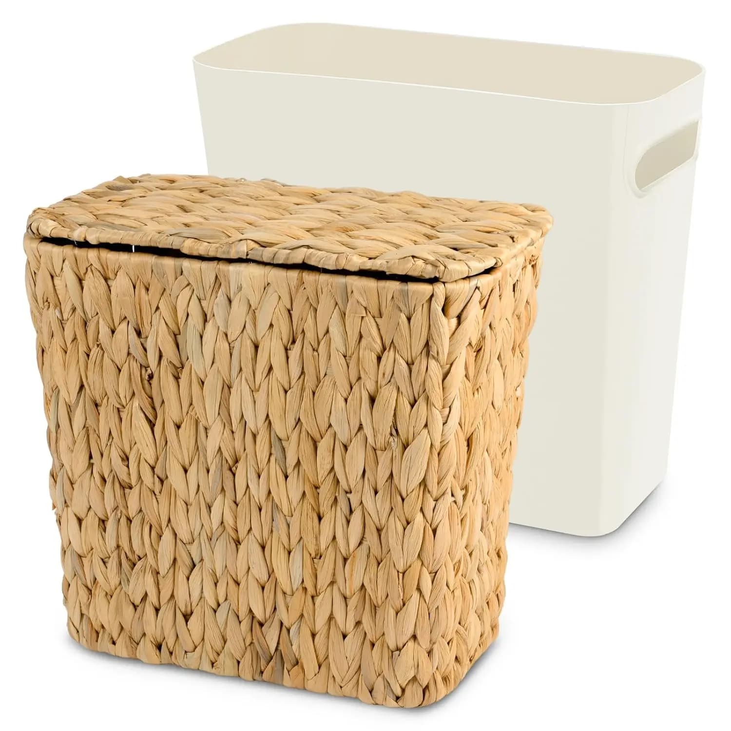 Cestino per rifiuti in vimini con coperchio e sacchetto interno, cestino per rifiuti in vimini intrecciato a mano, cestino per rifiuti da bagno in giacinto d'acqua