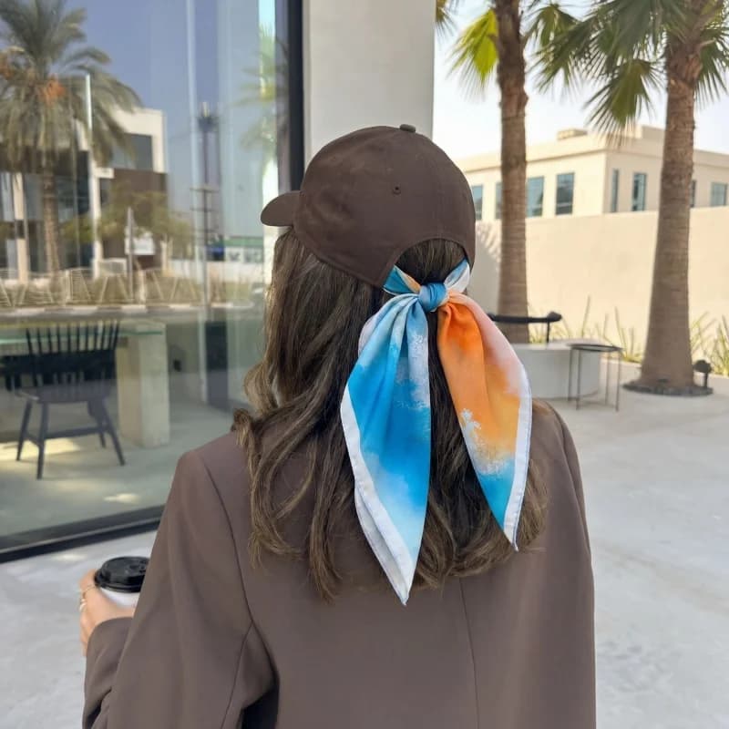 Fresh Satin Square Scarf Watercolor Print Hairband Boho Bandana Headband Neck Scarf for Women Multi-use Hair Wrap Bag Accessory