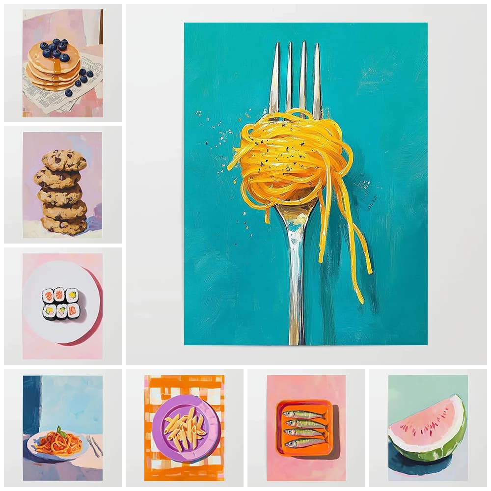 Bellissimo cibo Pasta Biscotti Sushi Frutta Pesce essiccato Gelato Pittura a olio Poster Stampa su tela Cucina Decorazione della parete di casa