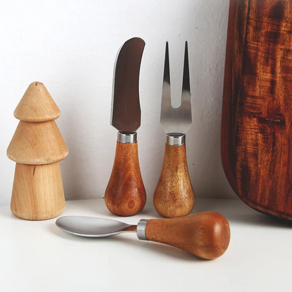 Set di 1 utensile elegante in acciaio inossidabile con manico in legno per formaggio: affettatrice, spatola, forchetta, spalmatore di burro, accessori per salumi e formaggi