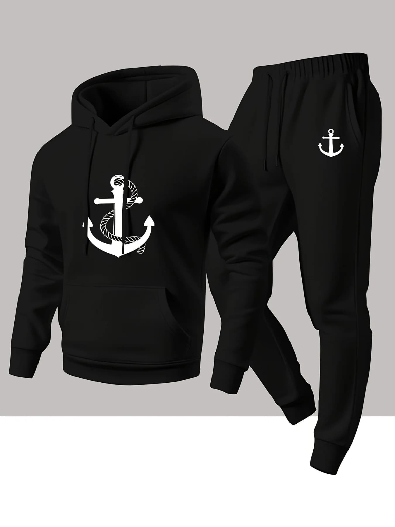 Men's fashionable hooded boat anchor print pullover and shorts sports outfit for casual trendy sports two‑piece set
