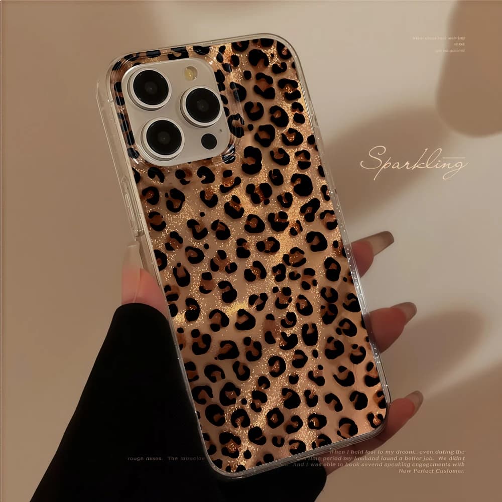 Leopard Print Bling Glitter Clear Phone Case For iPhone 17 14 15 16 11 12 13 Pro Max Plus Shockproof TPU Transparent Soft Cover