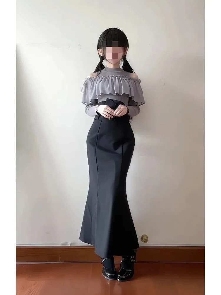 Japanese Style Long Sleeve Shoulder Bared Neckline Women's Early Autumn Fashion Set High Waist Slimming Bodycon Long Dress