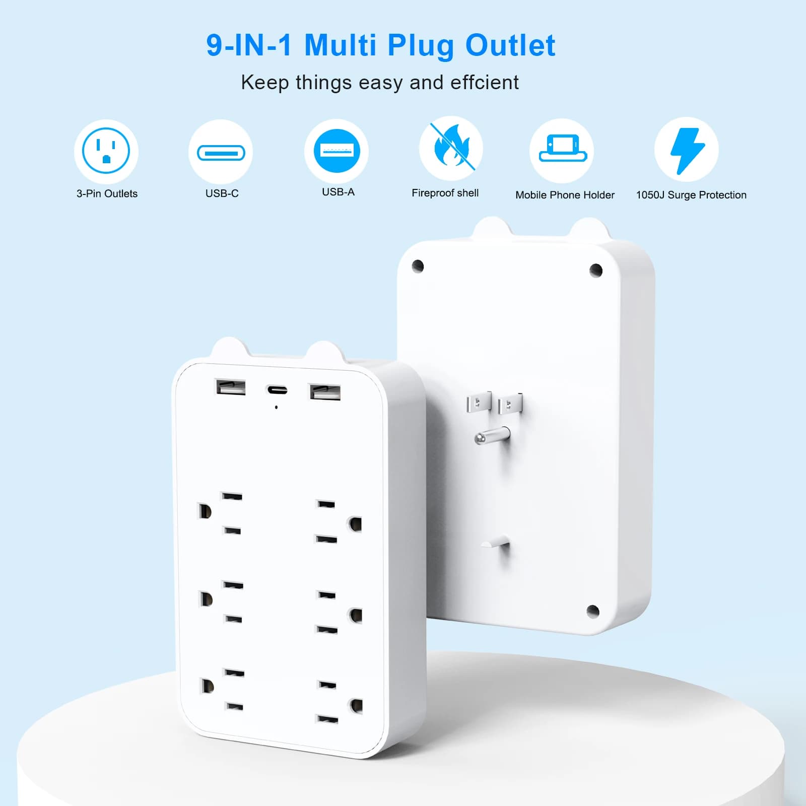 Presa multipla multitap con presa a muro US Plug con 6 prese CA 3 porte USB (1 tipo C) Adattatore filtro di rete a ricarica rapida
