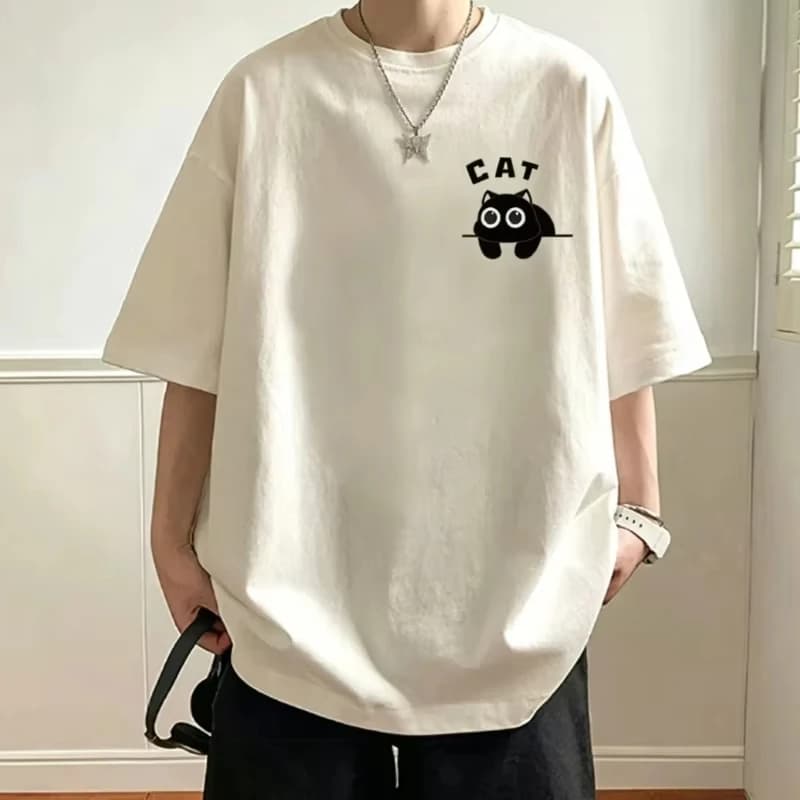 Men's Women's Pure Cotton T-shirt Black Cat Printed Short Sleeved Loose 2026 Summer Casual Quick Drying Sweat Absorbing T-shirt