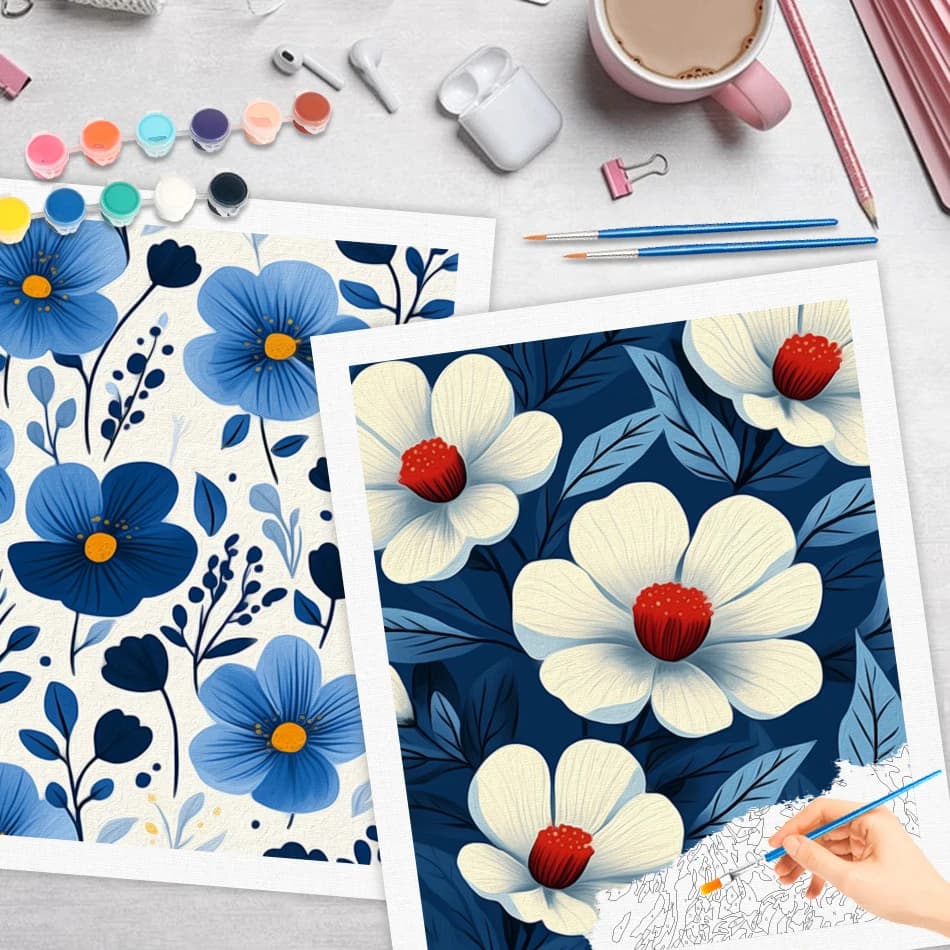RUOPOTY Dipinto semplice con i numeri fiore blu Colori acrilici fatti a mano Immagine per principianti Pennarelli con i numeri Kit facili