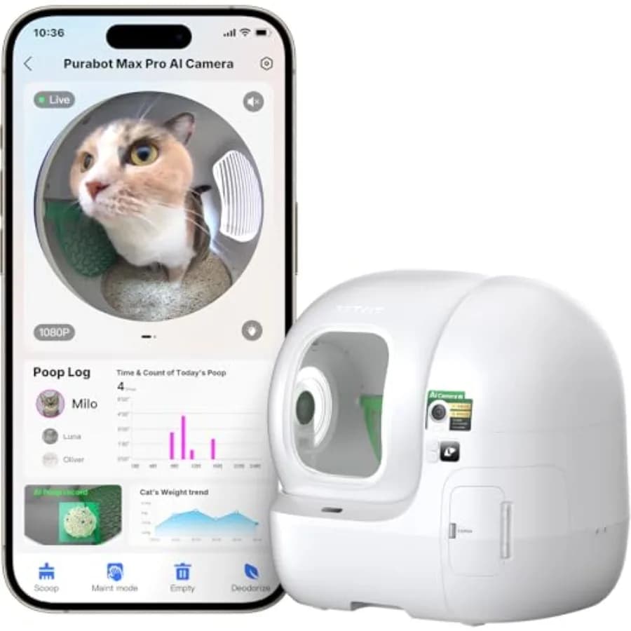 Nuova Lettiera Automatica per Gatti Purobot Max Pro 2025 con Riconoscimento Facciale AI, Telecamera Grandangolare 210°, WiFi 5G e Controllo Tramite App