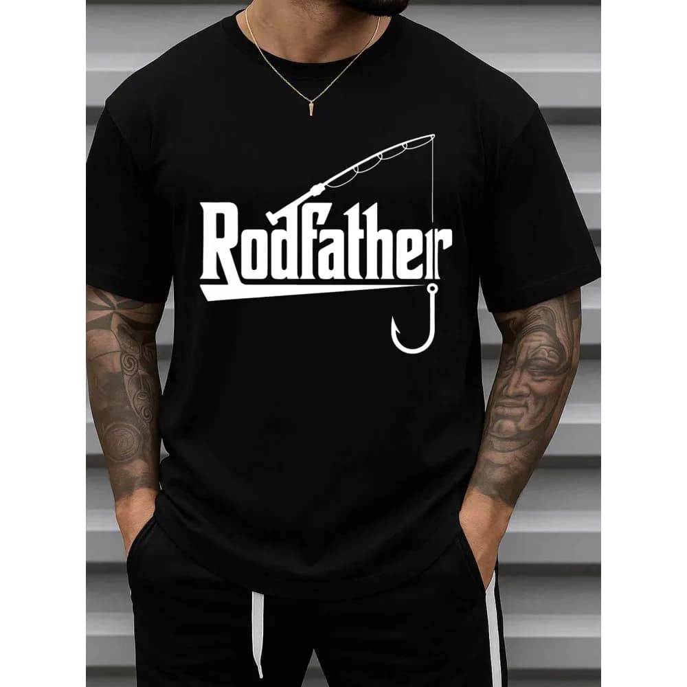 Funny Men's T-shirt with Fishing Graphics - Design Rodfather Fishing - Heavy T-shirt 180GSM - Black T-shirt with fishing rod and I love