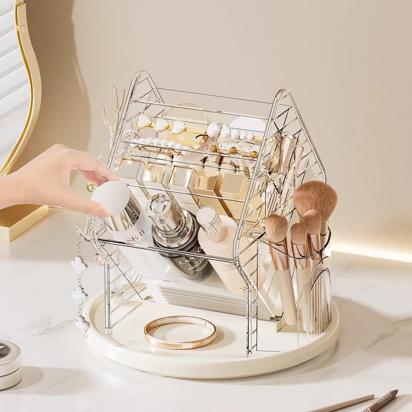 360 ° Rotating Cosmetics Storage Box, Desktop Large-Capacity Dust-Proof Partitioned Skincare Product and Lipstick Organizer, Jewelry Organizer, Comes with a Jewelry Bag and Cleaning Brush