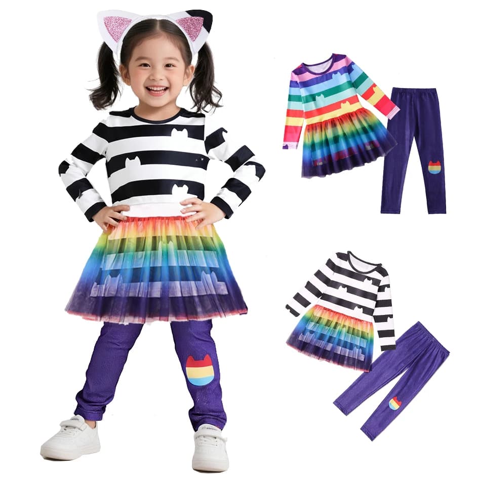 Girl Colored Striped Long Sleeve Mesh Dress + Leggings Gaby Cos Mesh Dress Two-piece Suit Girls Spring and Autumn Casual Set