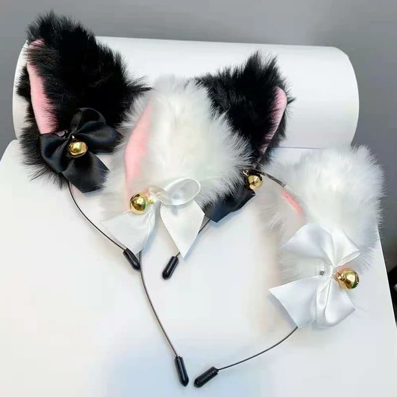 Fascia per capelli sexy con orecchie di gatto per donne e ragazze, collana con fiocco in pizzo, campana in peluche, fascia per capelli, cosplay, costume da festa in maschera, accessori per capelli