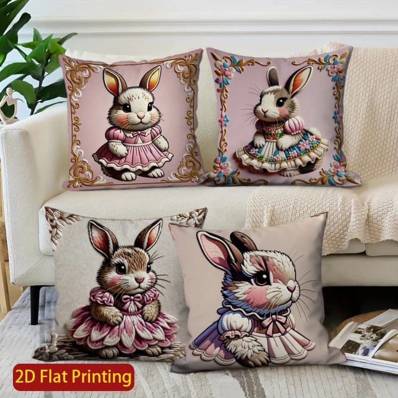 2D pillow lining with cute dress bunnies, suitable for sofa, bedroom and car