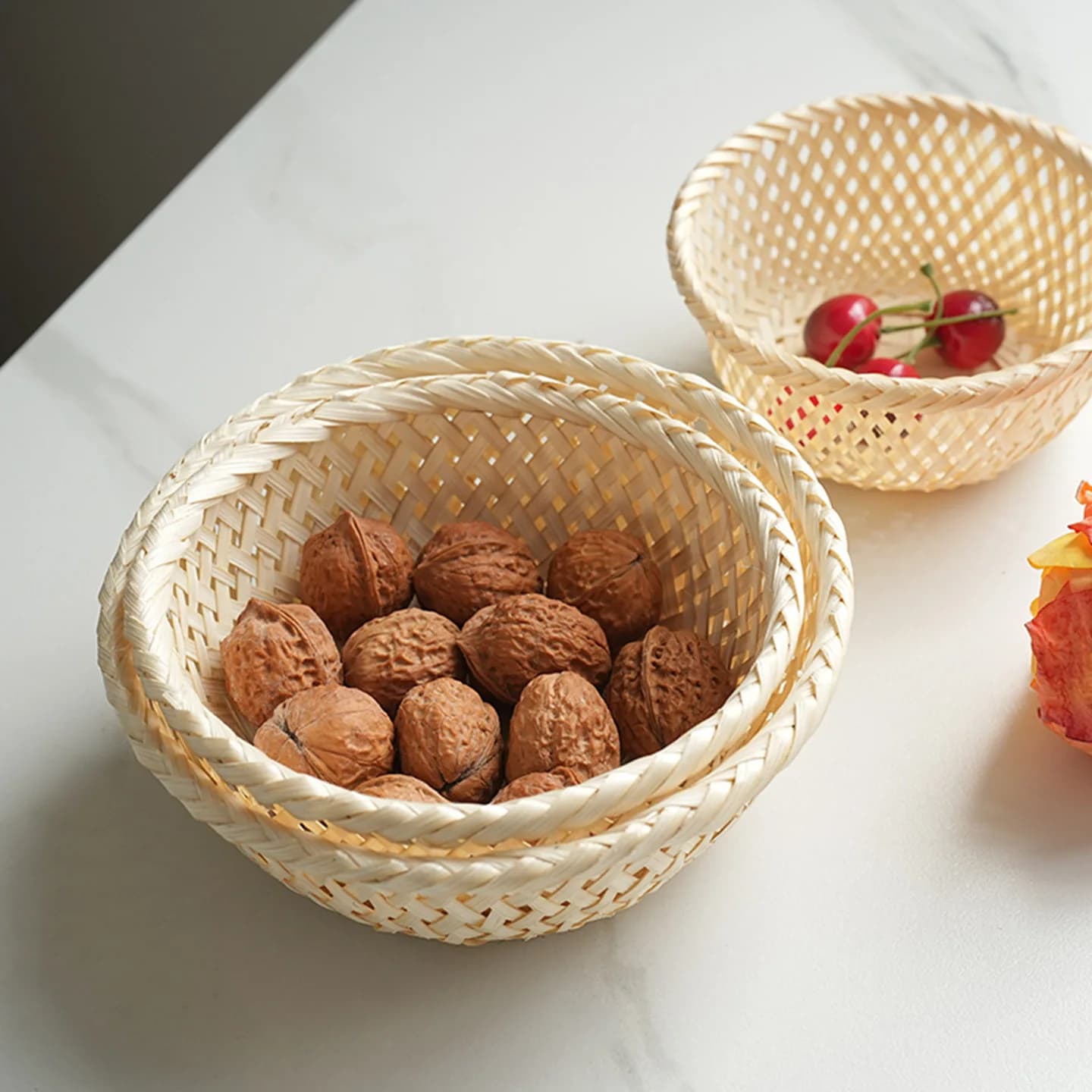 17/15/13cm Handmade bamboo woven round bamboo basket storage basket tea snacks dried fruit snacks snacks bamboo basket