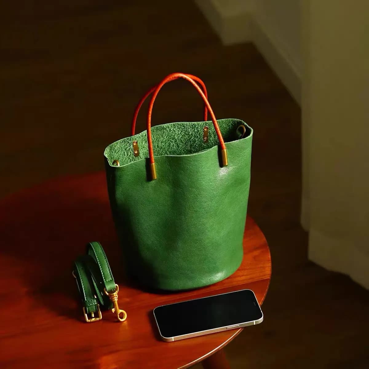Green Bucket Handbag Women's Texture PU Leather Handbag Summer Artificial Leather Ladies Bag Japanese Style Original Design