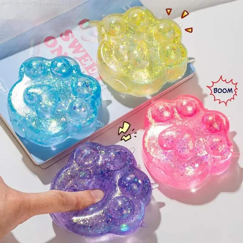 Giocattolo Antistress a Forma di Zampa di Gatto Blu con Glitter, 6cm, in TPR a Lenta Risposta, Palla Decompressiva, Giocattolo Carino da Stringere per Bambini e Adulti