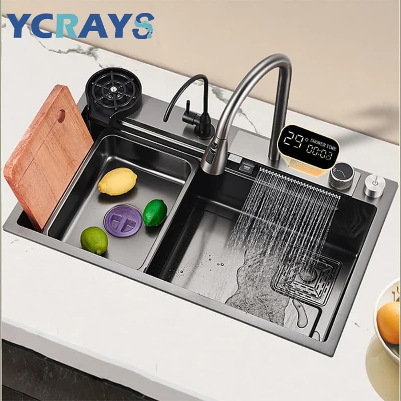 YCRAYS Display digitale Nano Lavello da cucina Grande vasca singola SUS304 Rubinetto a cascata Rondella per tazze Rubinetto purificato Dispenser di sapone