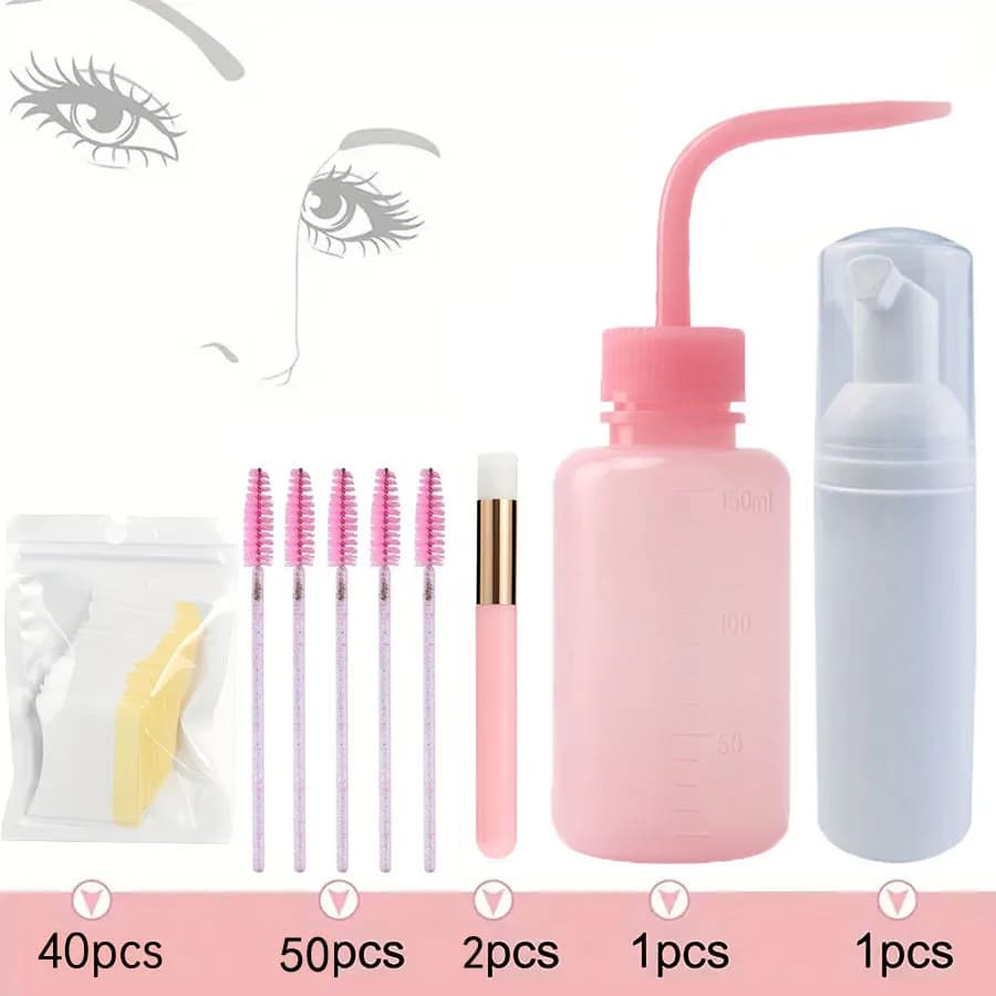 Cleaning Kit for Extension Eyelash 94 Pieces, Set 5 in 1 with Shampoo for Eyelashes, Brushes, Flavors, Washing Bottles, Mascara and Eye Patch