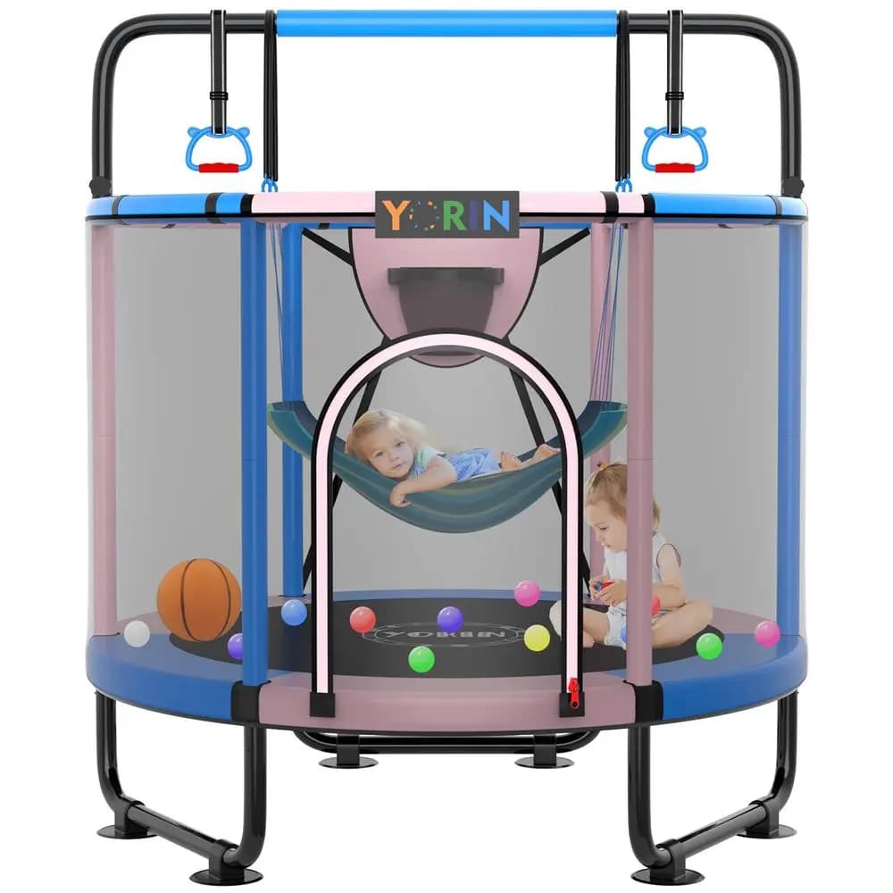 Trampolino per Bambini 66 60 55, Mini Trampolino per Interni ed Esterni con Canestro da Basket, Altalena, Barra Ginnastica Regolabile