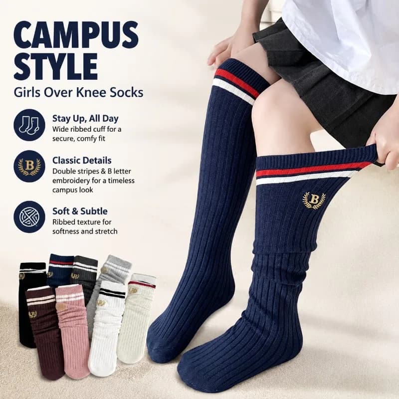 Thin Pure Cotton Kids Knee High Socks Preppy Style Over-knee Calf Pile Hosiery for Little Girls Breathable Soft Fabric Loose