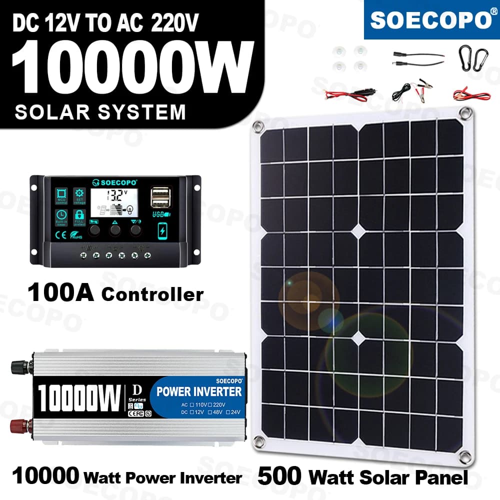Kit generatore solare da 10000 W Pannello da 500 W Controller da 100 A Convertitore off-grid da 12 V a 220 V per casa/camper di backup per tutta la casa Certificato CE