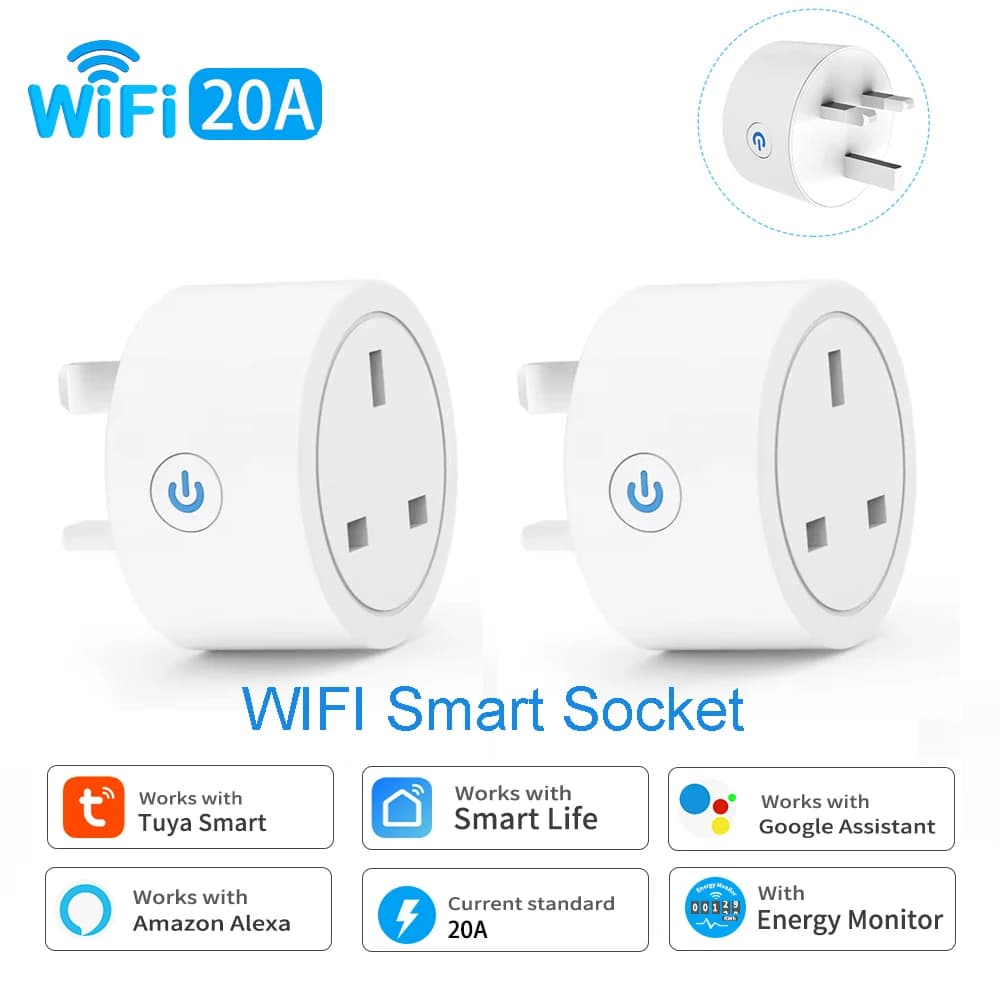 Smart WiFi Tuya 20A socket with UK Spina, Alexa Vocal Control, Energy Monitoring and Timer Function, 3 Pin Set