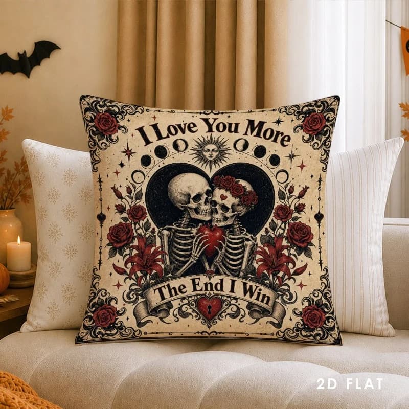Skull Rose Cushion Cover with i love more Lettering, Soft Cotton Gothic Pillow Cover, Home Decor Perfect Gift,Gothic Decorative