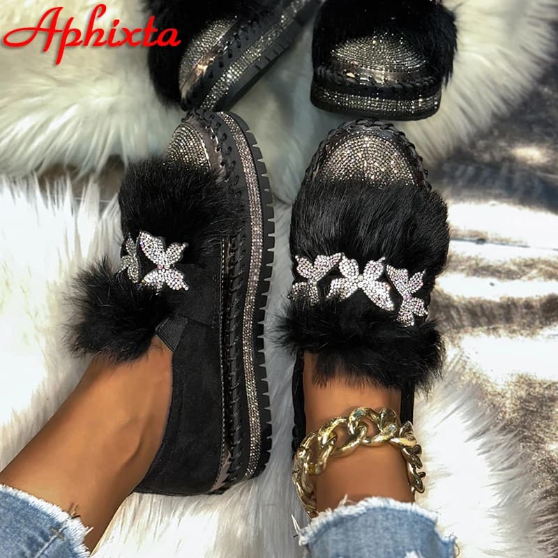 Aphixta Crystal Butterfly Scarpe casual da donna 3 cm Mocassini con plateau piatto Breve peluche peloso Caldo autunno inverno Appartamenti Taglia 44