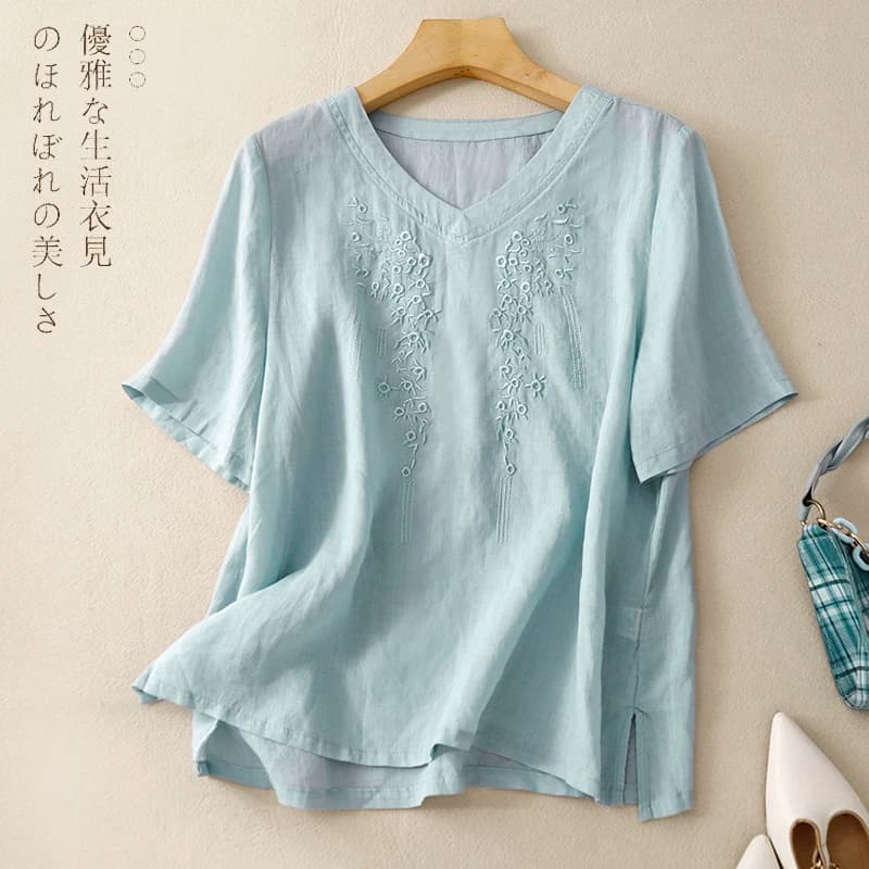 Camicie da donna in cotone e lino ricamato con scollo a V estivo Camicette Vintage Boho Style Casual Allentato Viola Rosa Cachi Blu Top Tees
