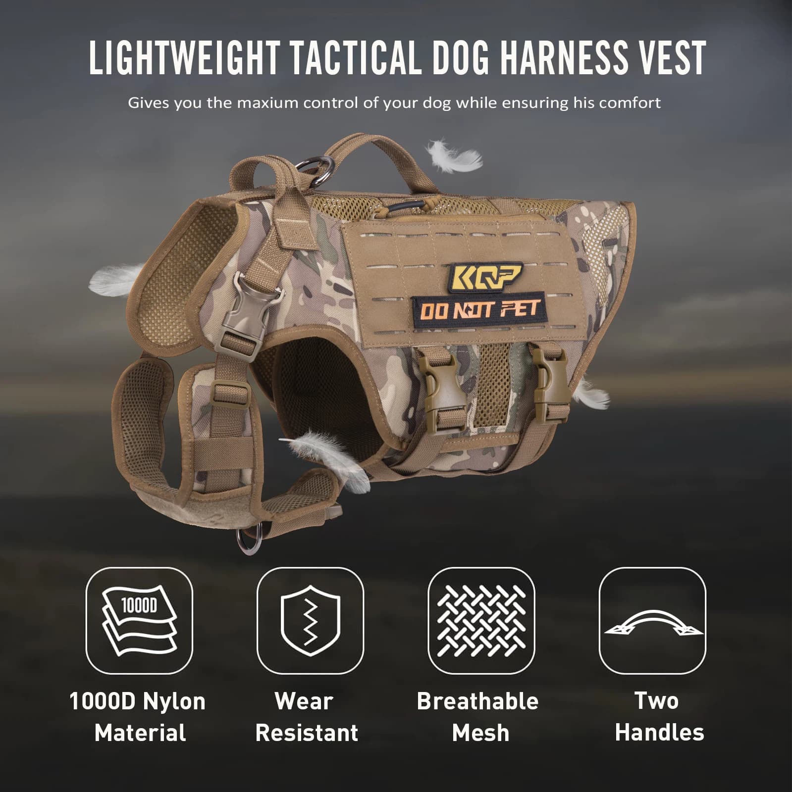 KQP Pettorina Tattica Anti-Trazione per Cani in Nylon 1000D Traspirante con Rete, Fibbia in Metallo MOLLE e Patch 'Do Not Pet' per Cani di Taglia Media-Grande