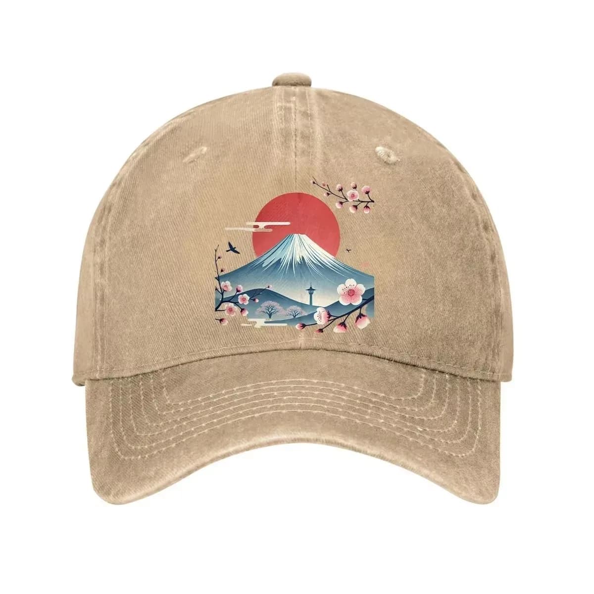 Cappellino da Baseball con Fiori di Ciliegio del Monte Fuji, Scena Giapponese, Regolabile, in Cotone Lavato, Stile Dad Hat