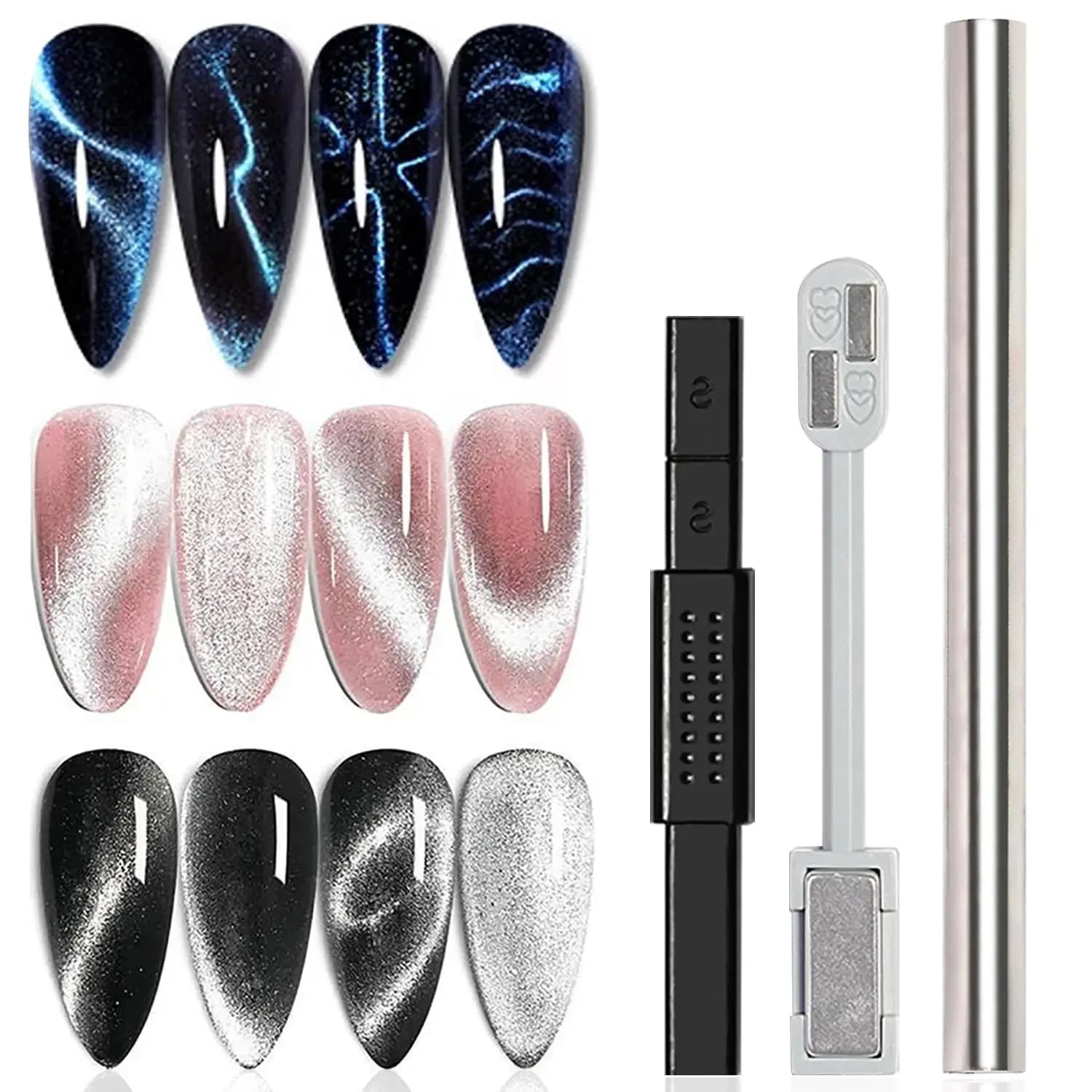 Set di 3 magneti effetto occhio di gatto per nail art, bastoncino magnetico a doppia testa, penna cilindrica potente per smalto gel 3D, kit di strumenti fai da te per manicure