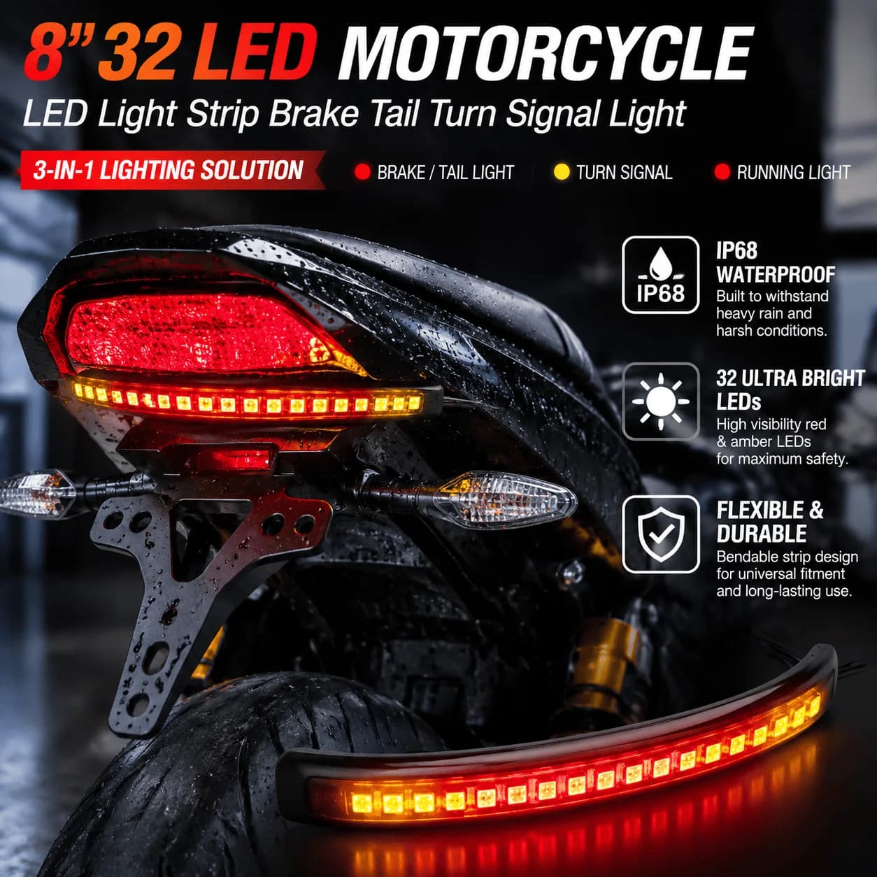 Motorcycle Led Tail Light Strip Brake Turn Signal Ip68 Waterproof Flexible 12V Rear Lamp Easy Tape Install Universal Fit 32Led