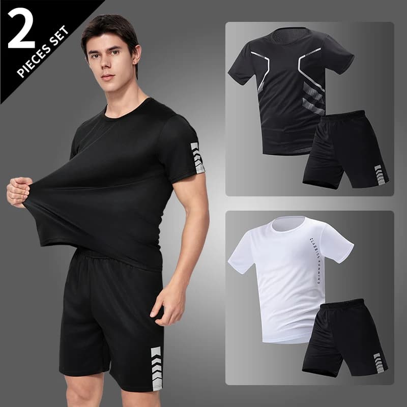 2-Piece Men's Quick-drying Sports Short-sleeved Suit Youth Leisure Joker T-shirt Elastic Waist Shorts Comprehensive Training
