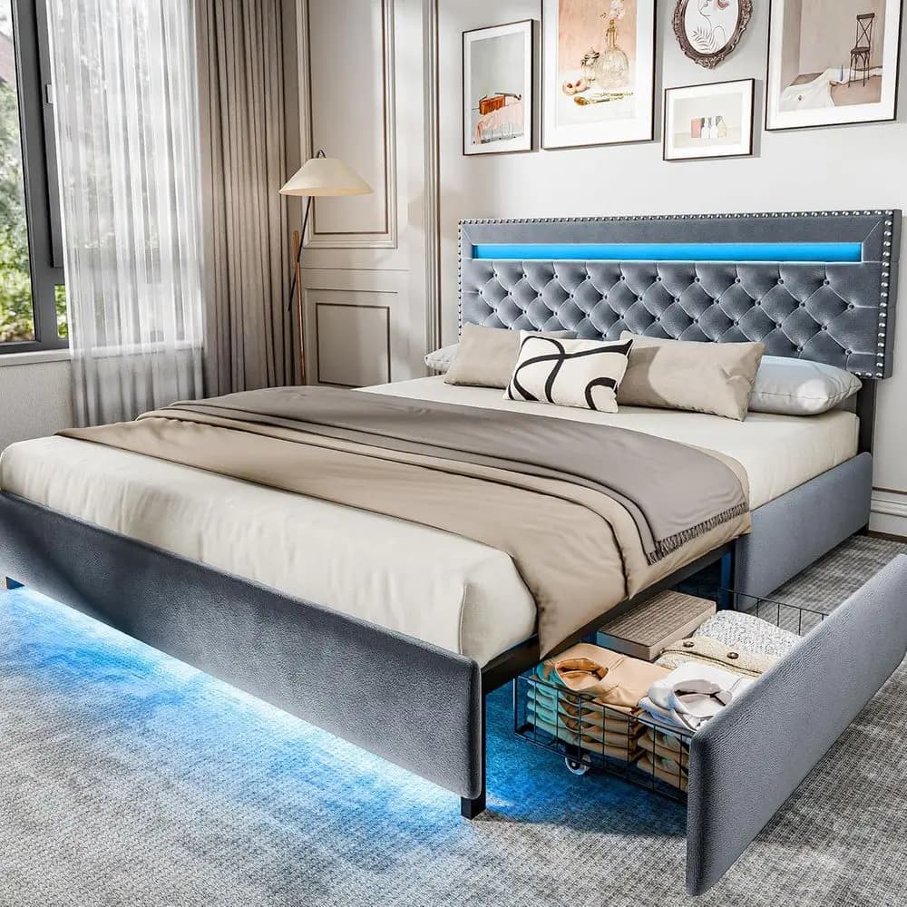 Queen size bed frame with LED lights, bed with velvet padded platform with drawers and adjustable headboard, top