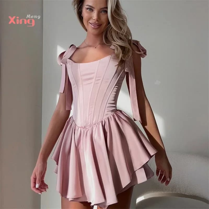 Women's dance dress in satin pink miniskirt short party with laces on the back without sleeves with inflated hem formal birthday princess evening dress