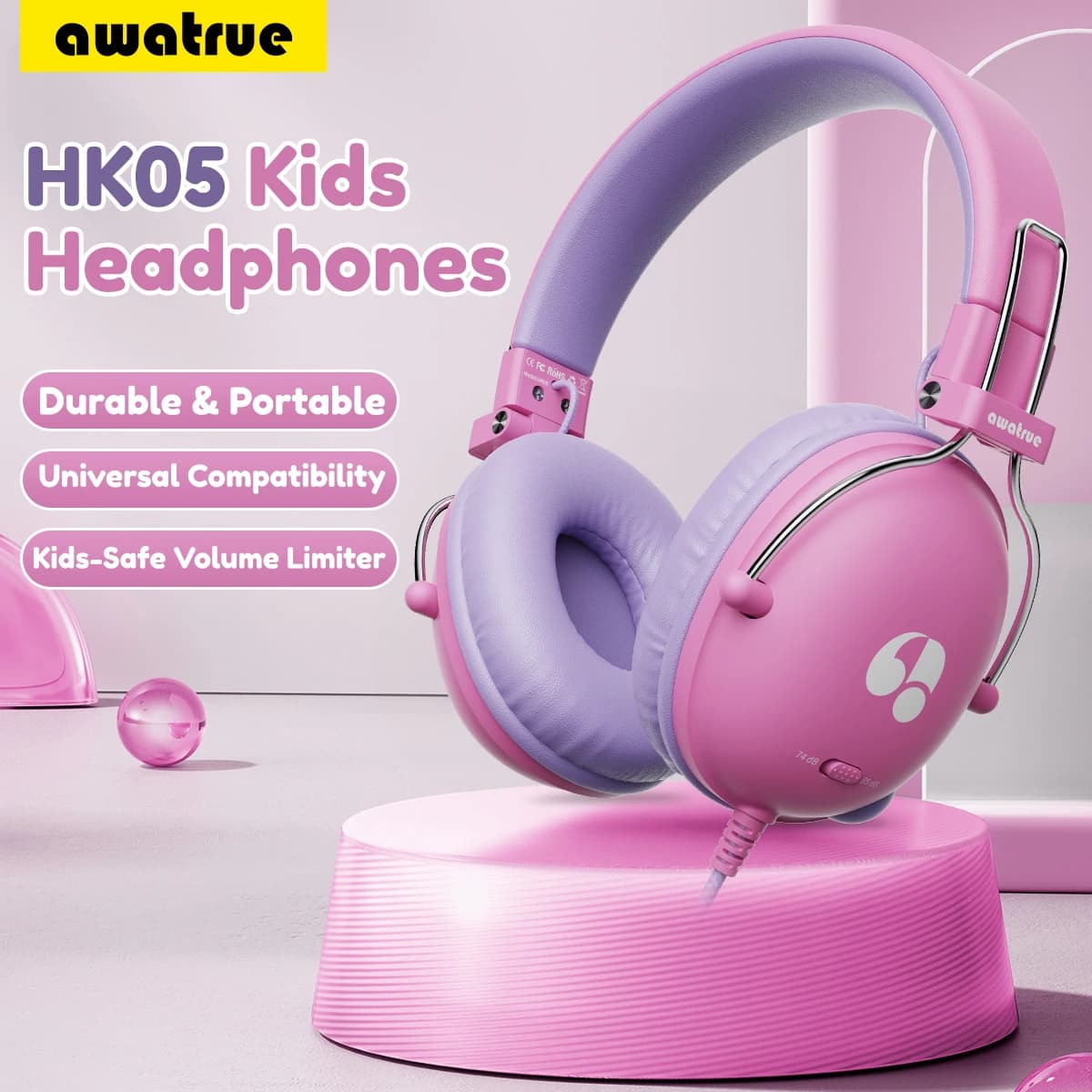 Awatrue Cuffie per bambini 74/85dB Limite di volume sicuro Cuffie on-ear stereo cablate Jack da 3,5 mm per tablet IPad Lettore Kindle YOTO