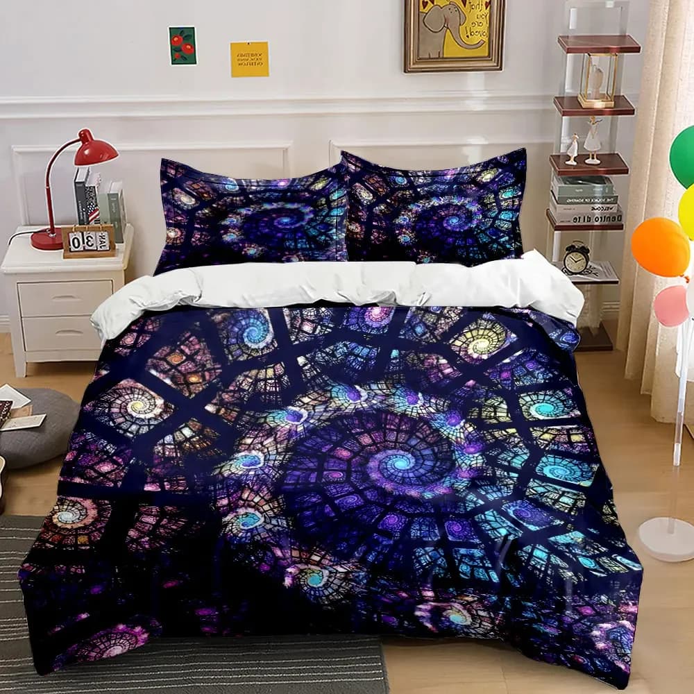 Set di biancheria da letto in vetro colorato da 3 pezzi, copripiumino con stampa spirale galattica viola e blu + 2 federe, decorazioni per la casa di grandi dimensioni, regali
