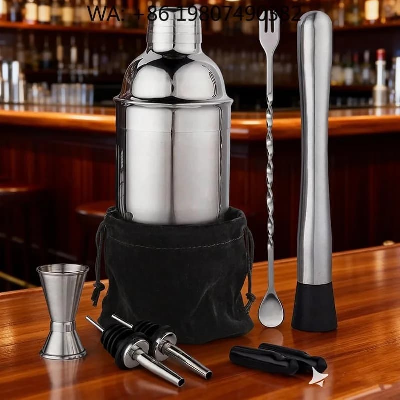 10 Pcs Giftable Bar Mixology Kit, 750ml Boston Cocktail Shaker Stainless Steel Tools With Black Velvet Storage Bag
