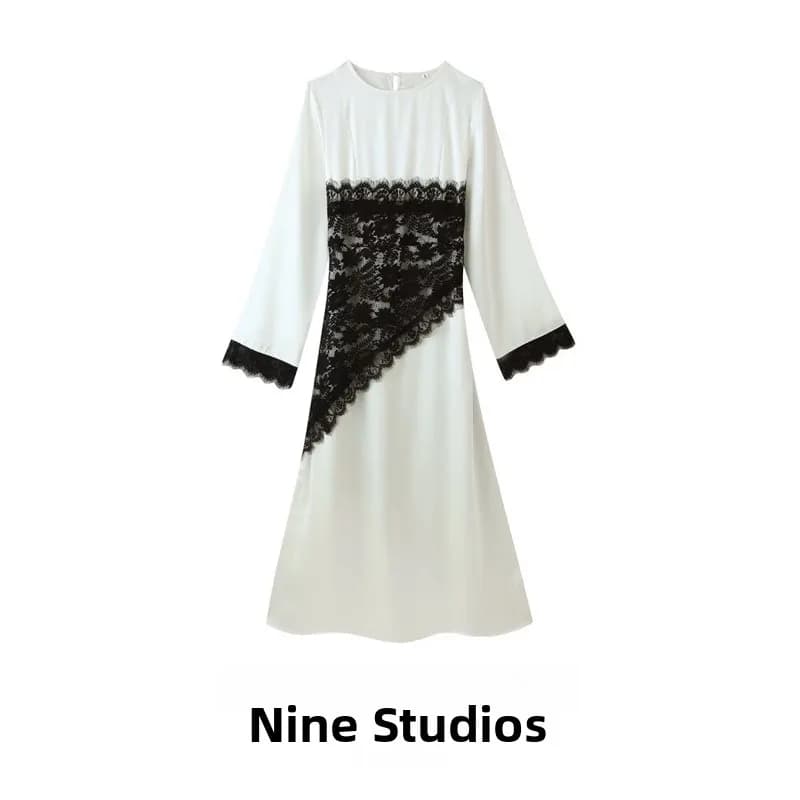 Elegante Abito Lungo Bianco con Inserti in Pizzo e Cintura, Vestito alla Moda con Collo Tondo per Donna, Abbigliamento Casual per il Pendolarismo Urbano