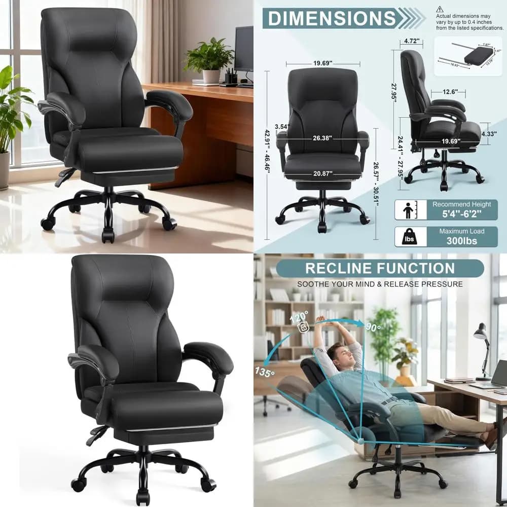 Sedia da scrivania ergonomica con schienale alto, poggiapiedi e braccioli imbottiti, sedia girevole resistente per casa o ufficio, nera
