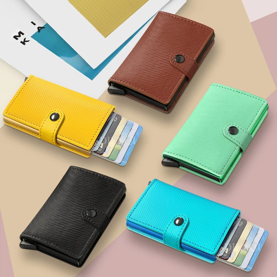 Porta carte di credito con blocco RFID Portafogli minimalisti con chiusura automatica Pop Up in pelle PU Donna Uomo Porta carte portatile Clip