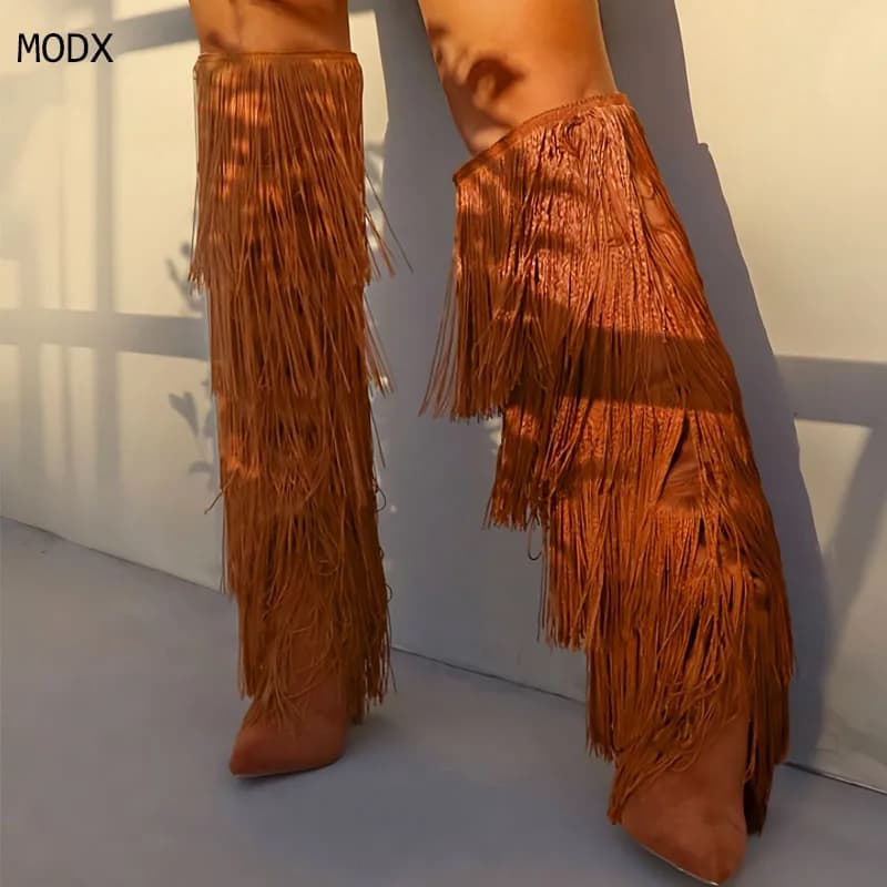 Fashion Ladies Over Knee Tassel Boots 2026 Autumn Winter Street Sexy Boots Stiletto Stage Catwalk Model Boots 44