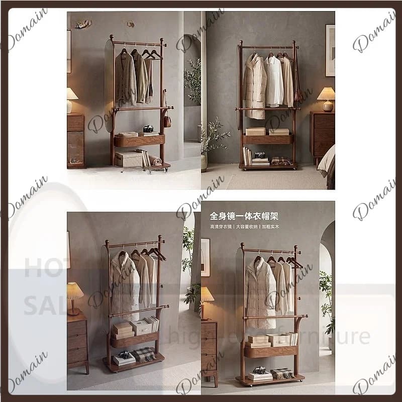 VP Full Length Mirror with Coat Rack Solid Wood Mobile Multifunctional Bedroom Floor Standing Clothes Hanger