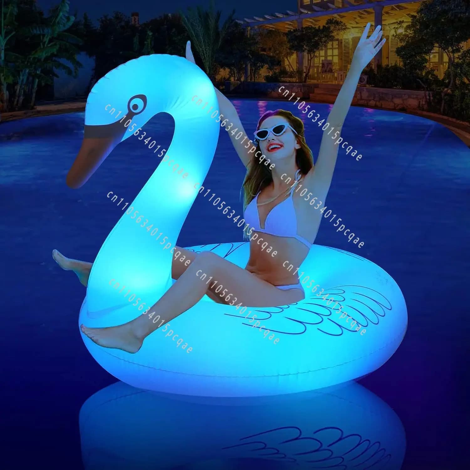 Anello Gonfiabile a Forma di Cigno con Luce, Sedile Galleggiante a Cigno Bianco, Anello da Nuoto a Cigno Ricaricabile con Luce, Sedile Galleggiante