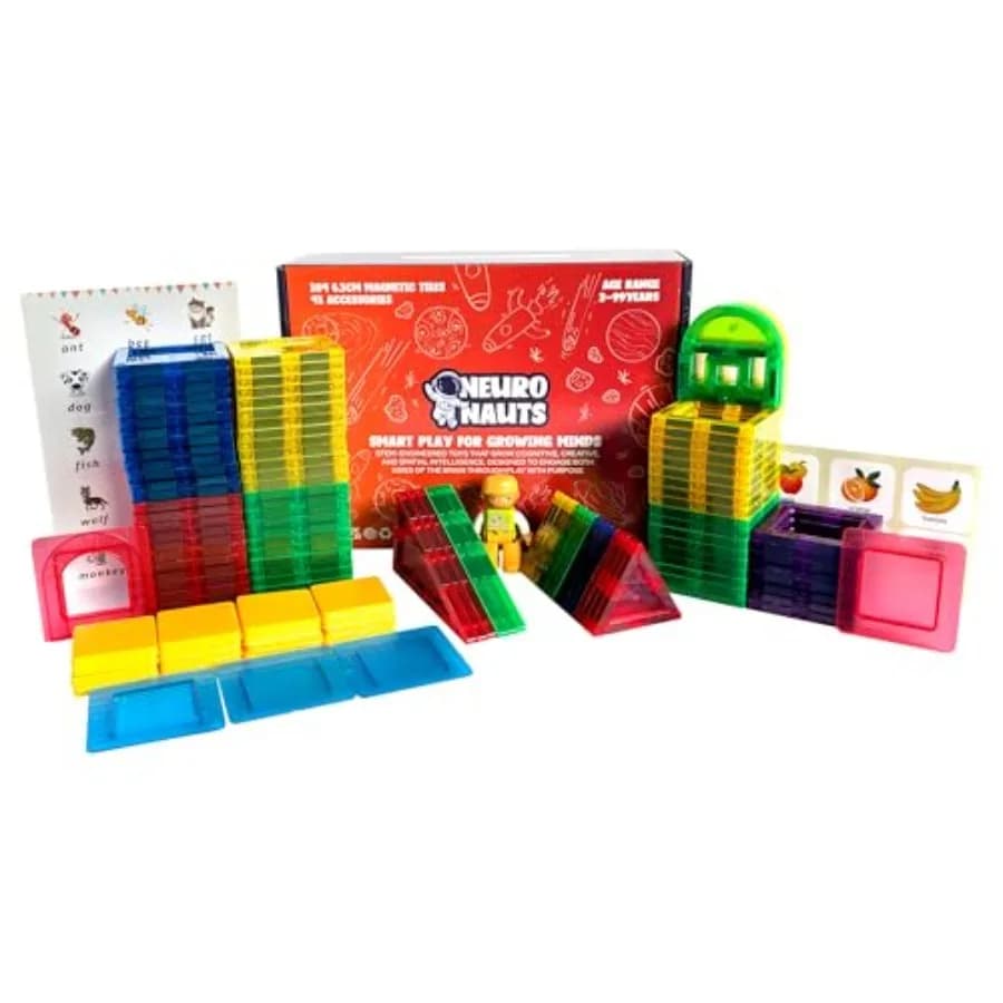 104 Magnetic Tiles Building Blocks Set for + Bonus Connectors and Figurine STEM Educational Magnetic Building Toys for Boys and