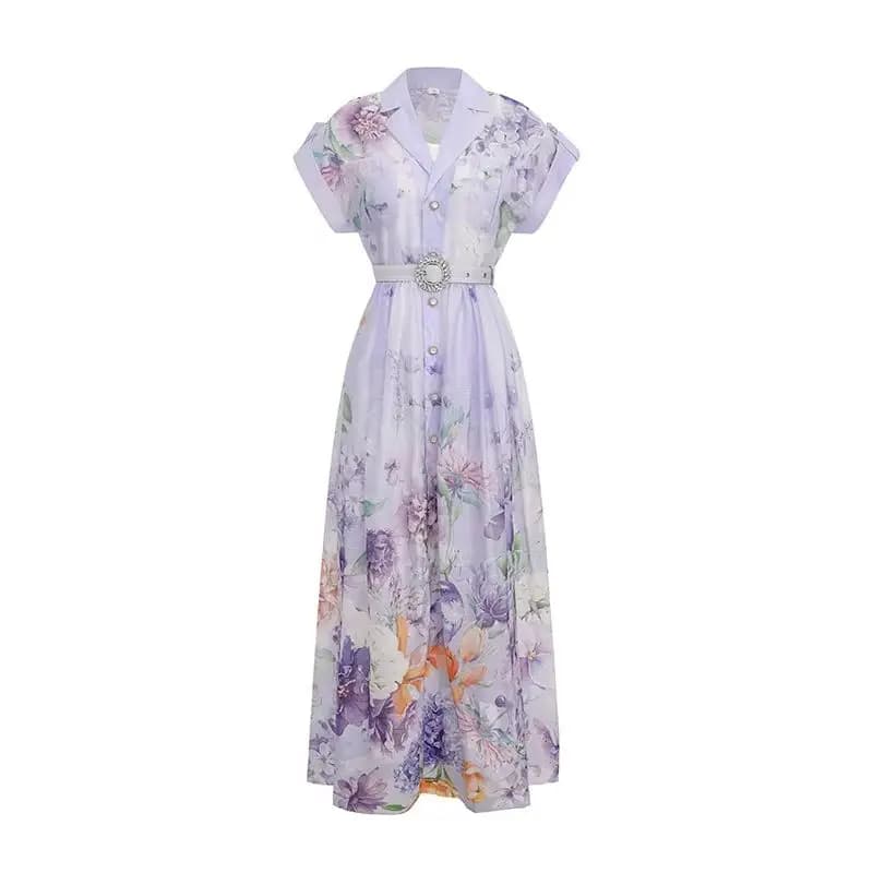 Women's Summer Holiday Beach Dress Sleeveless Notched Collar Single Breasted Floral Print with Beaded Belt Long Boho Party Vesti