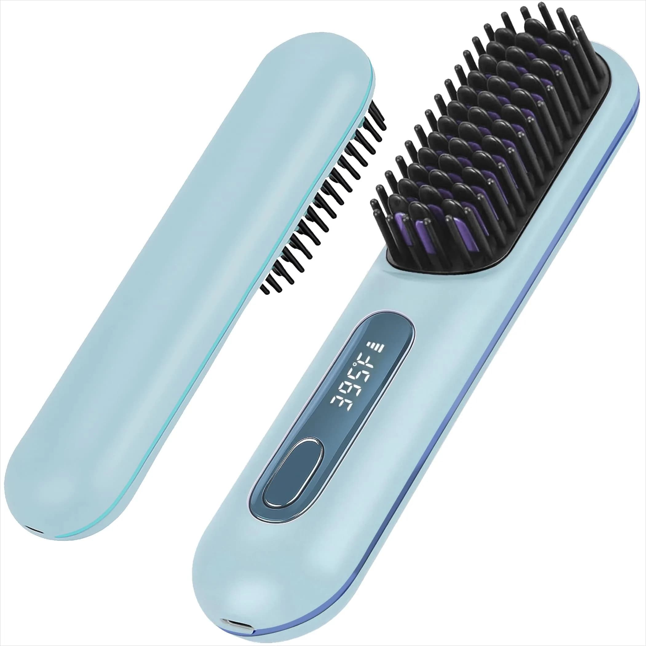 Portable Hair Smooth Brush for Smooth with Wireless USB Charging LED Display and Ceramic Coating, Ion Technology