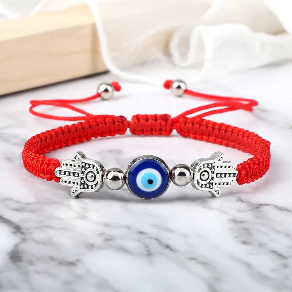Bracciale con ciondolo mano di Fatima blu turco malocchio fortunato corda intrecciata rossa fatta a mano gioielli da coppia regolabili per donna uomo