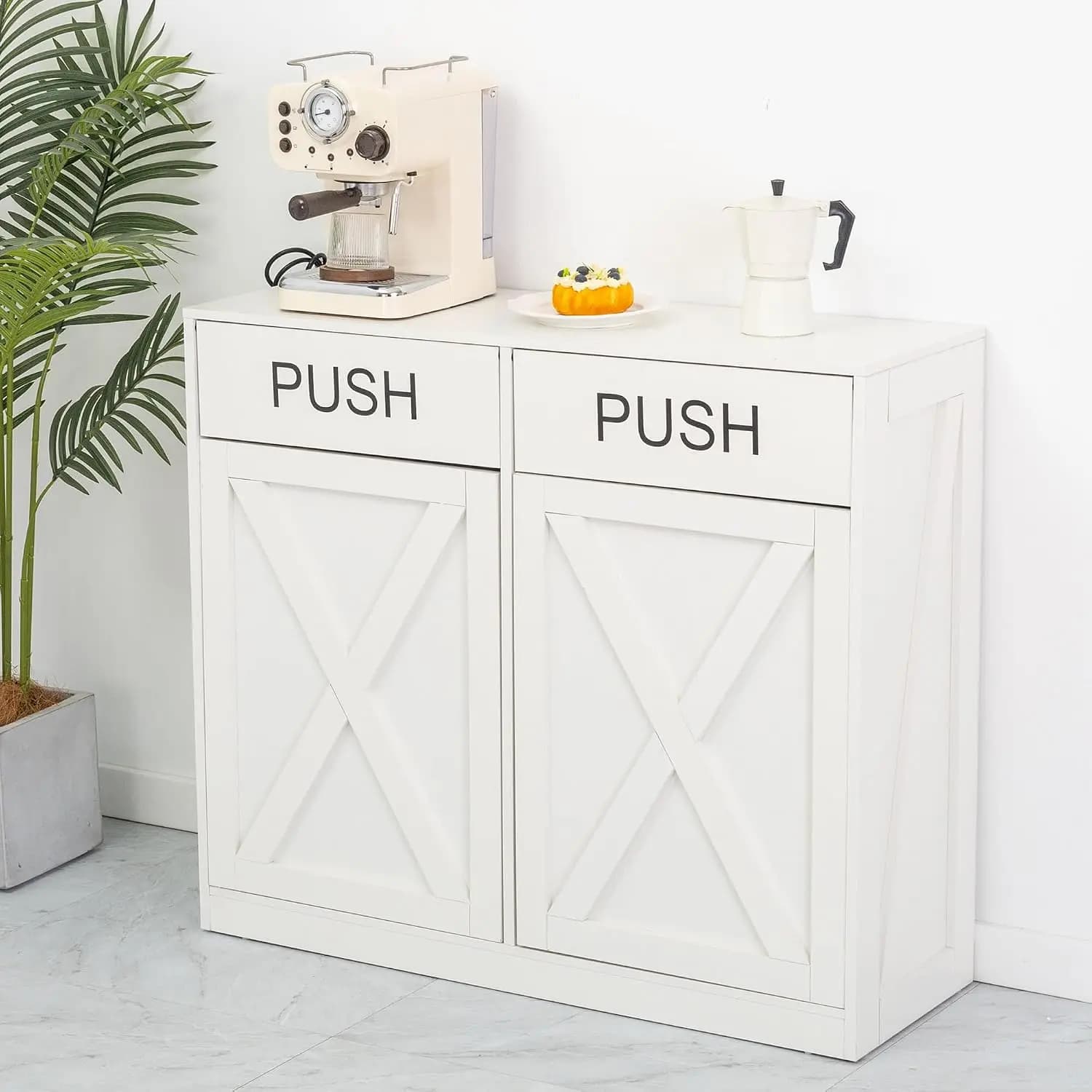 Double Trash Can Cabinet Kitchen Island Table, Hidden Garbage Hamper Storage Organizer With Push Design, Freestanding Wooden Pet Proof Waste Container Cupboard, Modern White Furniture